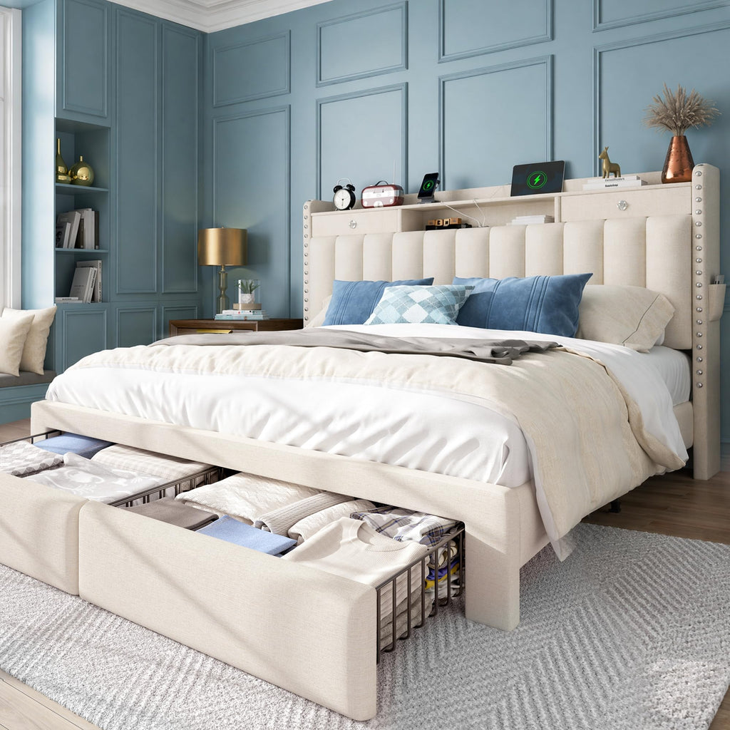 Queen Bed Frame with Storage Headboard & 4 Drawers Z5323