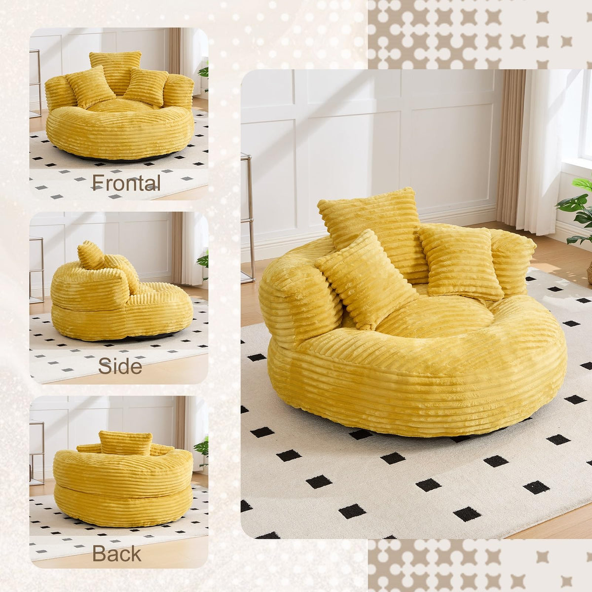 Oversized Corduroy Bean Bag Chair with 3 Pillows O364377