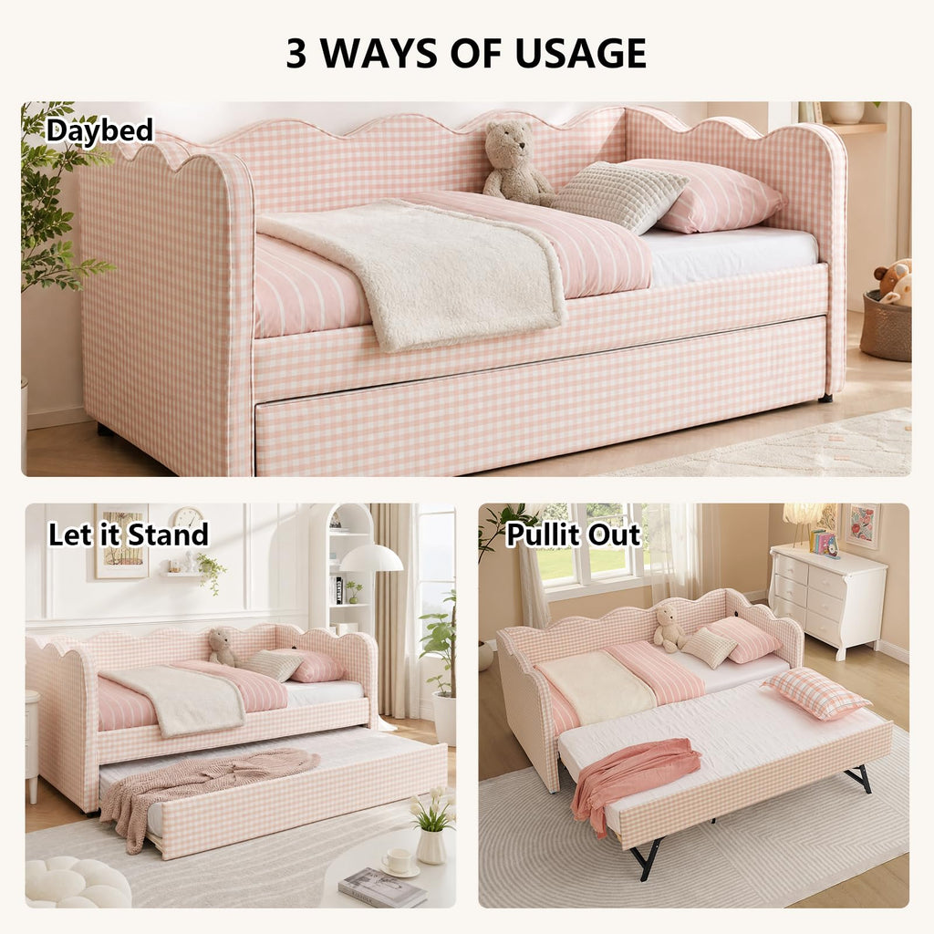 Pink Twin Size Linen Upholstered Daybed with Trundle S562717