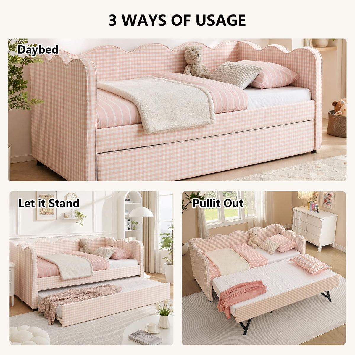 Pink Twin Size Linen Upholstered Daybed with Trundle S562717