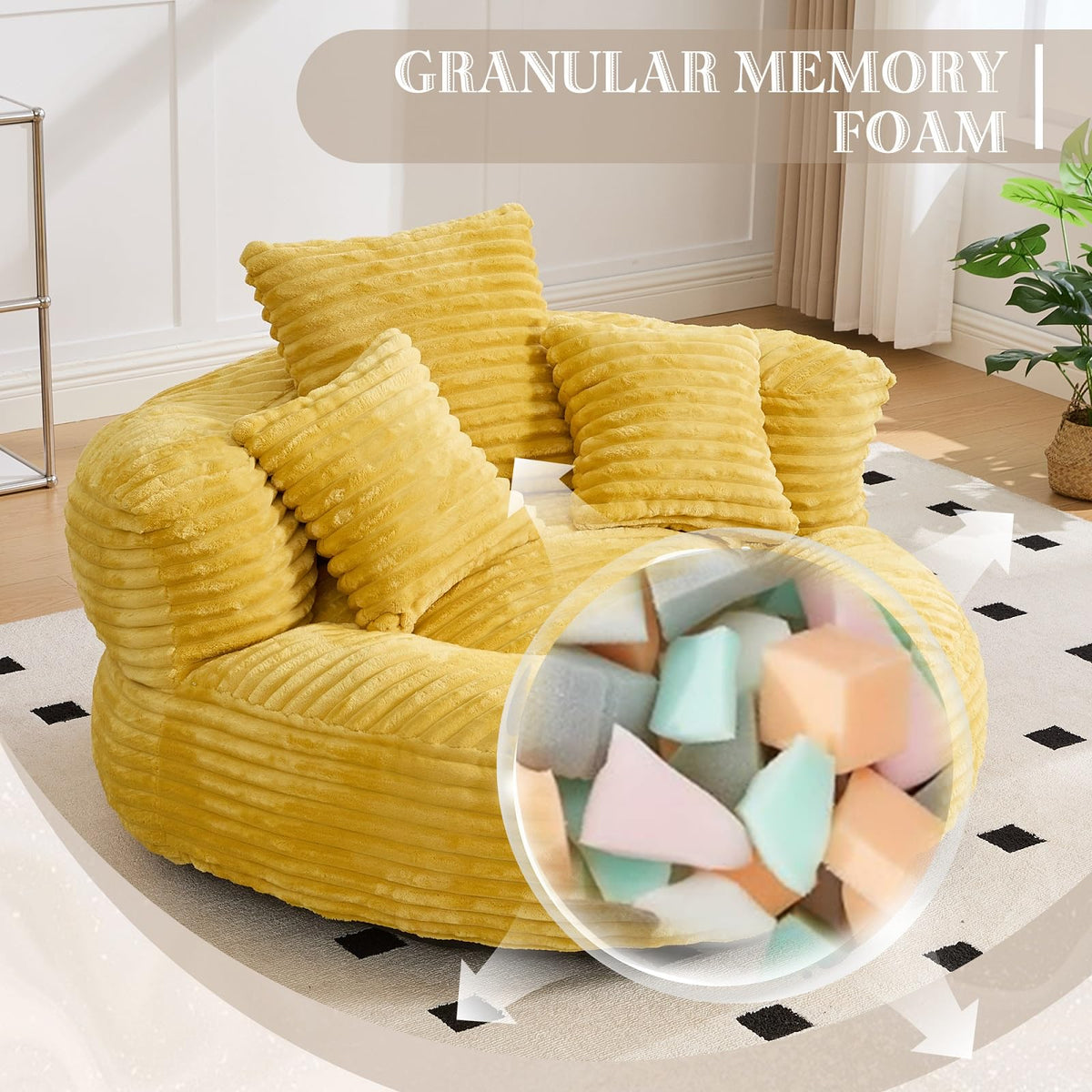 Oversized Corduroy Bean Bag Chair with 3 Pillows O364377