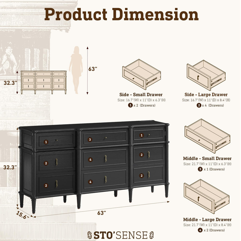 Black 9 Drawer Wood Dresser S758261