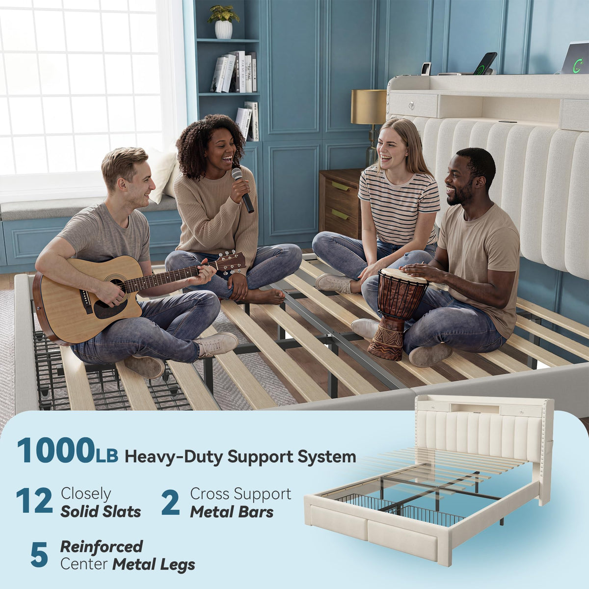 Queen Bed Frame with Storage Headboard & 4 Drawers Z5323