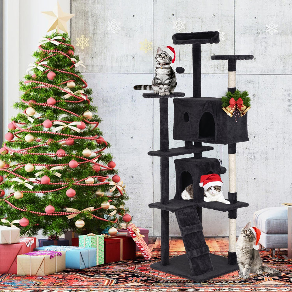 70" Dark Grey Cat Tree Tower with Scratching Post and Bed V67228