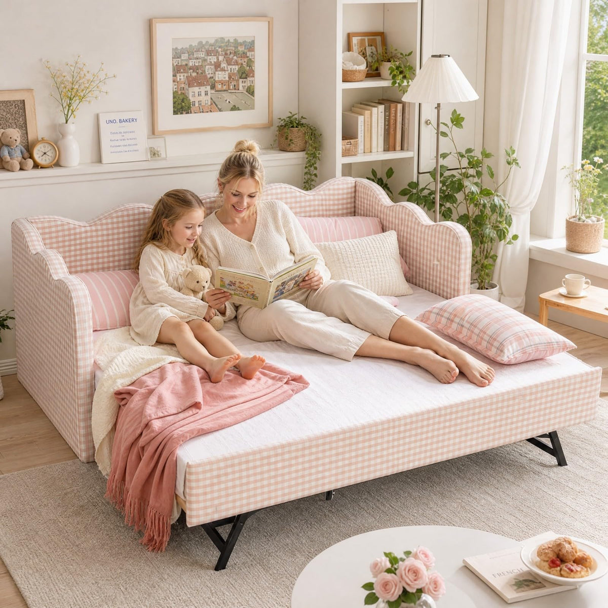 Pink Twin Size Linen Upholstered Daybed with Trundle S562717