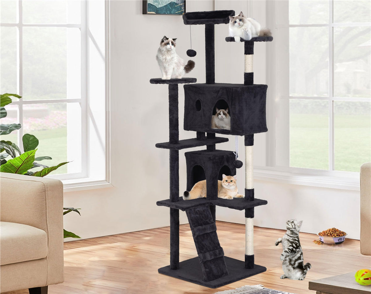 70" Dark Grey Cat Tree Tower with Scratching Post and Bed V67228