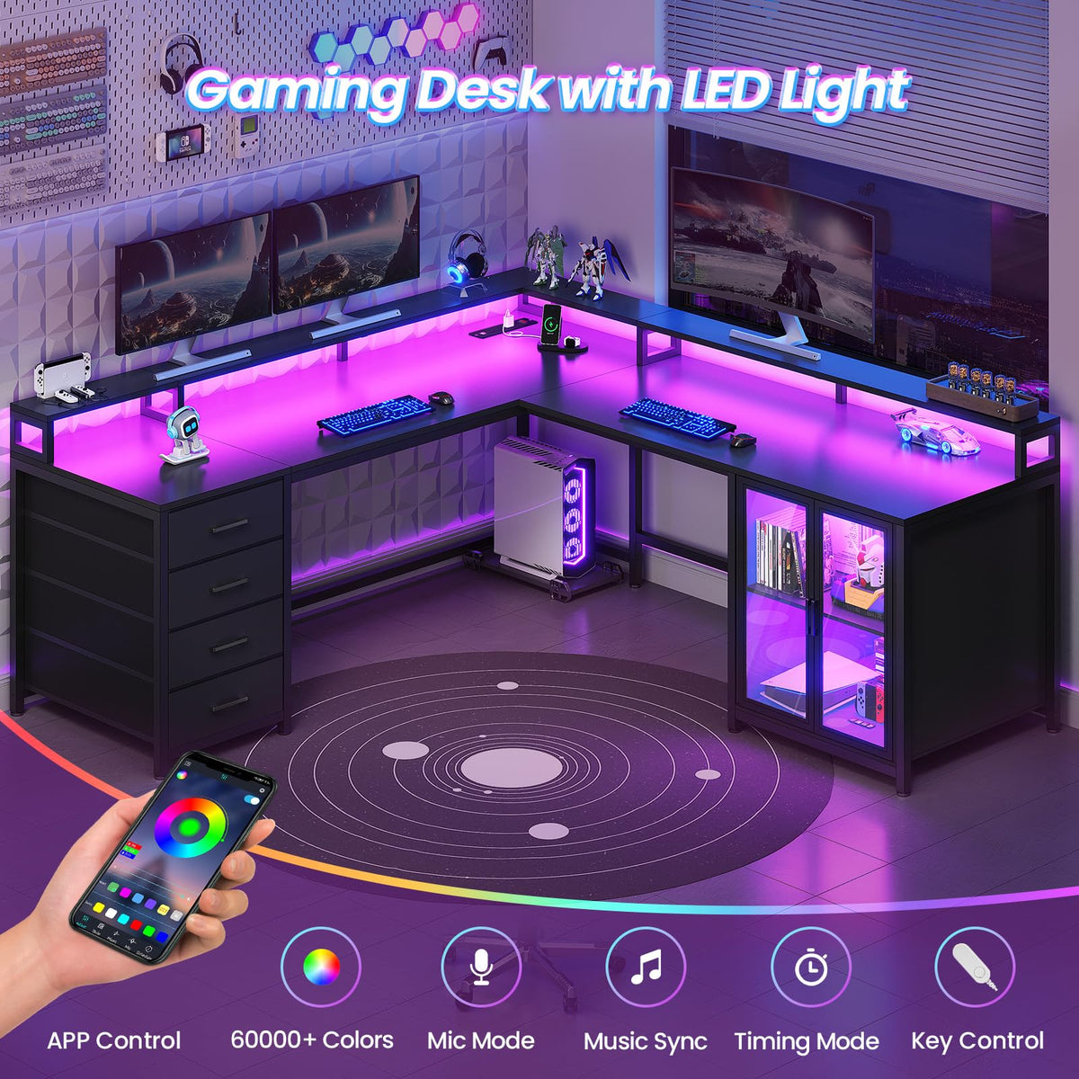 L Shaped Gaming Desk with 4 Drawers and Power Outlet, Black H1346