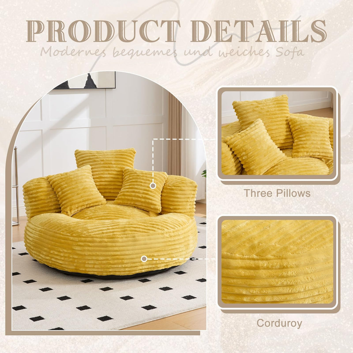 Oversized Corduroy Bean Bag Chair with 3 Pillows O364377