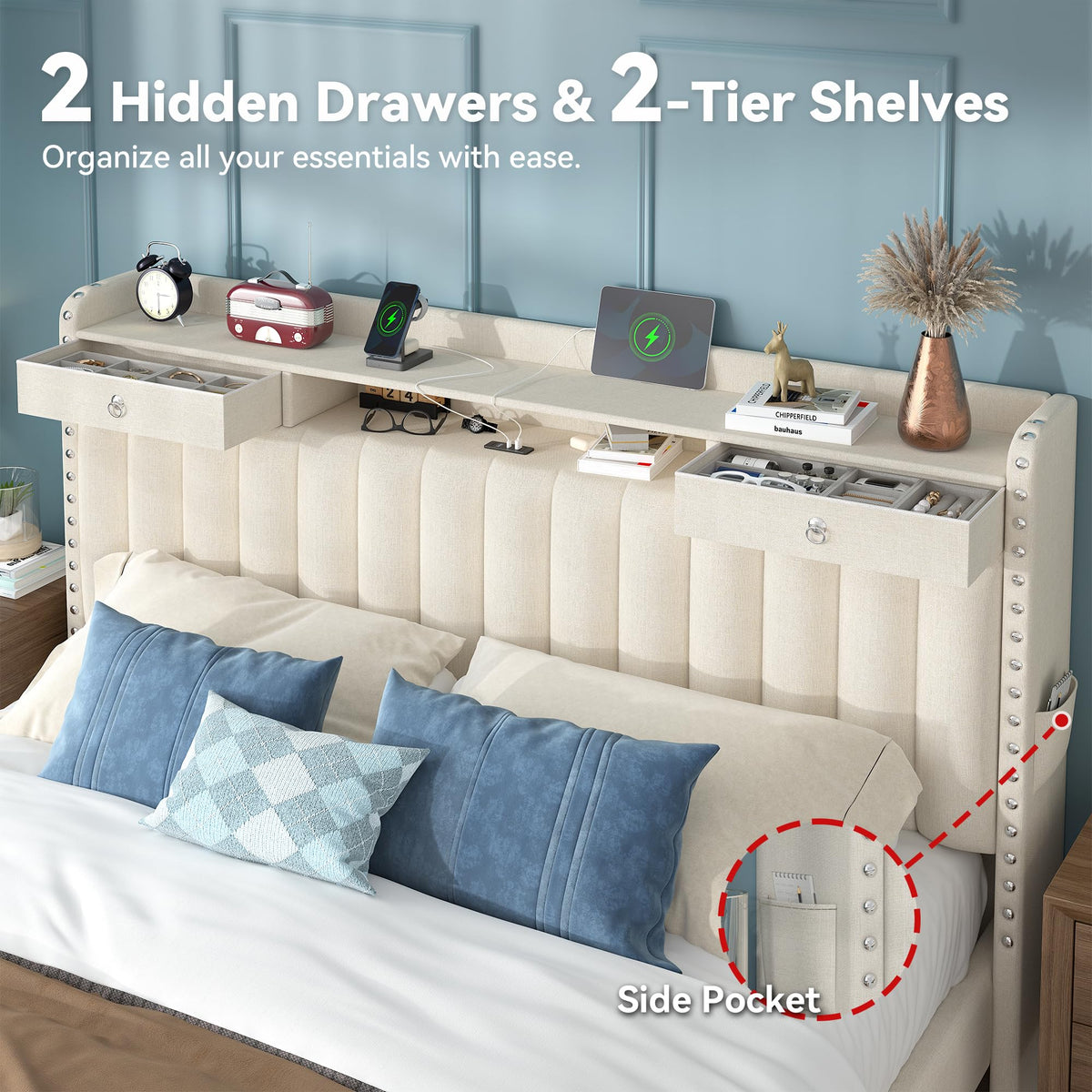 Queen Bed Frame with Storage Headboard & 4 Drawers Z5323