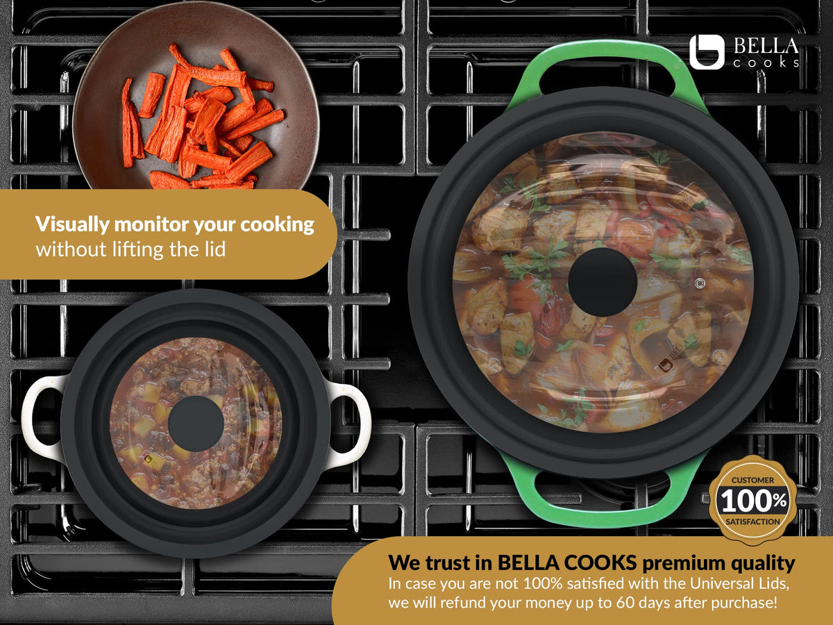 Universal Lids for Pots, Pans & Skillets 2set Frying Pan Cover Fits 7", 8" 9" & 10", 11", 12" Diameter Cookware, 2 Cotton Rags, Tempered Glass with High Heat Resistant Silicone Rim Dishwasher Safe M809307