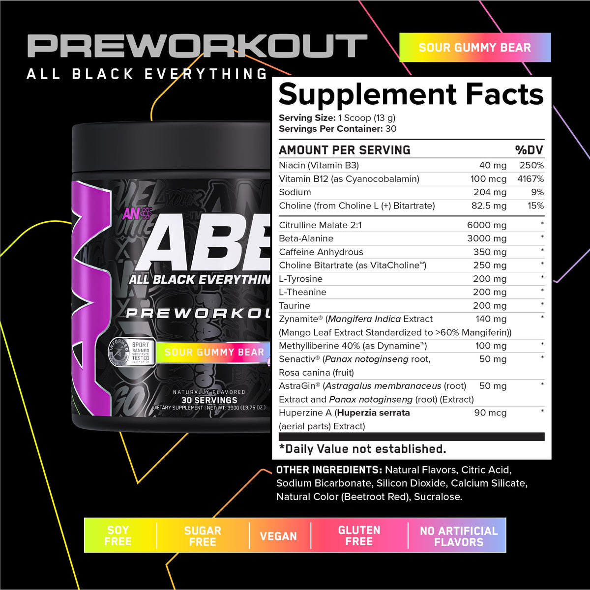 Black Pre-Workout Powder 350mg Caffeine 30 Servings T530