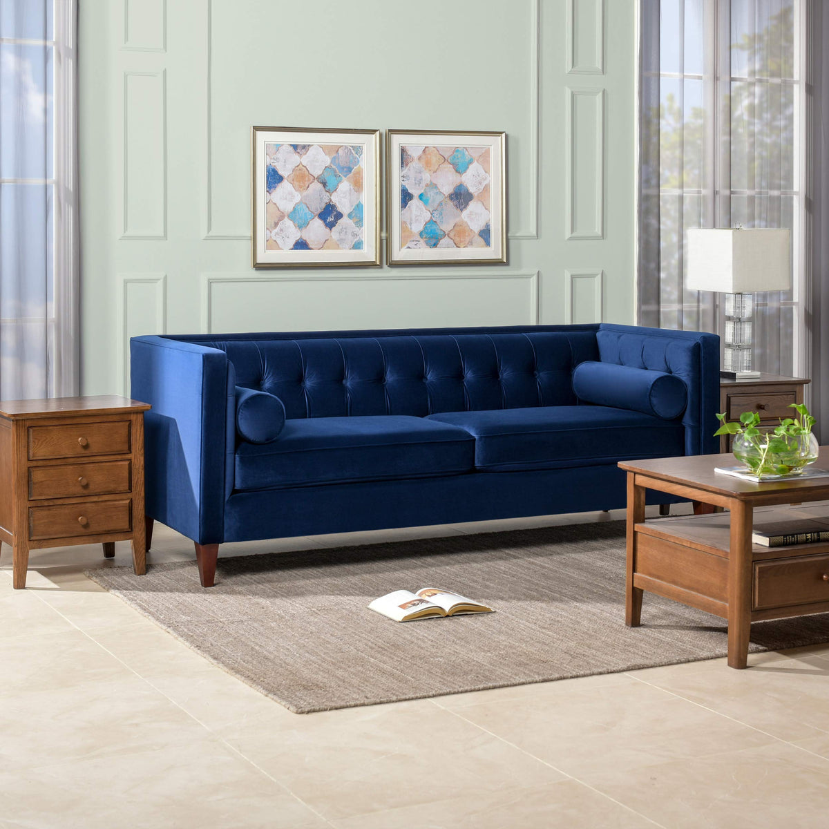 Navy Blue Velvet Tufted Sofa L82128